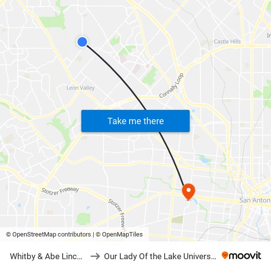 Whitby &  Abe Lincoln to Our Lady Of the Lake University map