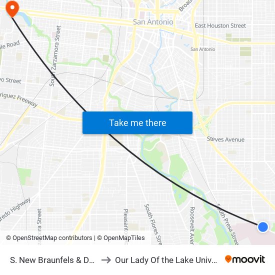 S. New Braunfels & Dunes to Our Lady Of the Lake University map