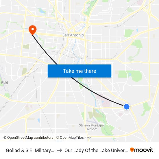Goliad & S.E. Military Dr. to Our Lady Of the Lake University map