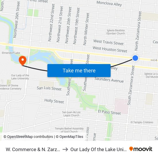 W. Commerce & N. Zarzamora to Our Lady Of the Lake University map