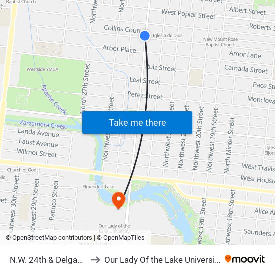 N.W. 24th & Delgado to Our Lady Of the Lake University map