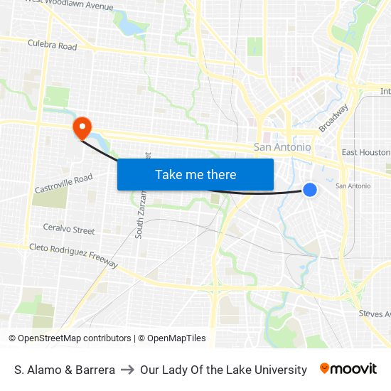 S. Alamo & Barrera to Our Lady Of the Lake University map