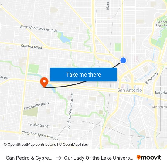 San Pedro & Cypress to Our Lady Of the Lake University map