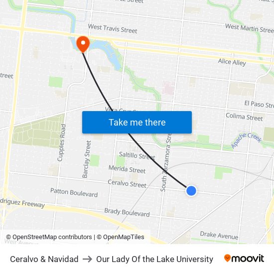 Ceralvo & Navidad to Our Lady Of the Lake University map