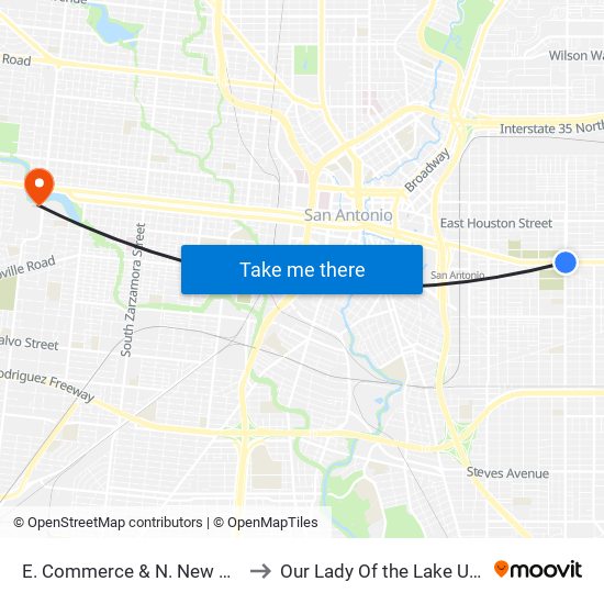 E. Commerce & N. New Braunfels to Our Lady Of the Lake University map