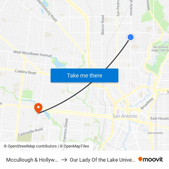 Mccullough & Hollywood to Our Lady Of the Lake University map