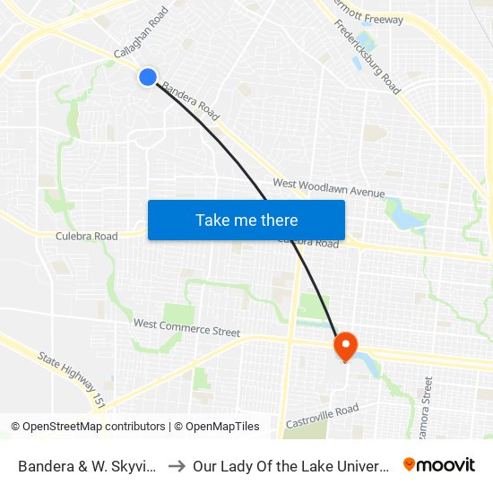 Bandera & W. Skyview to Our Lady Of the Lake University map