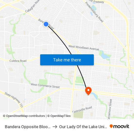 Bandera Opposite Bloomfield to Our Lady Of the Lake University map