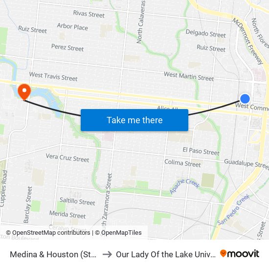 Medina & Houston (Stop G) to Our Lady Of the Lake University map