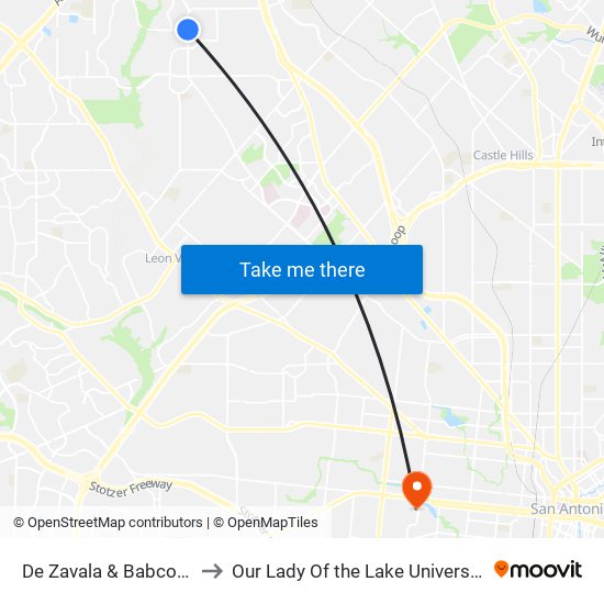 De Zavala & Babcock to Our Lady Of the Lake University map