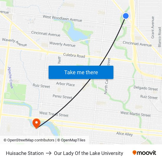 Huisache Station to Our Lady Of the Lake University map