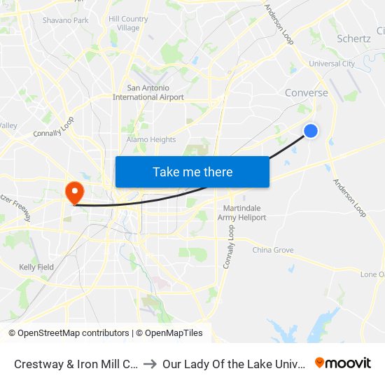 Crestway & Iron Mill Creek to Our Lady Of the Lake University map