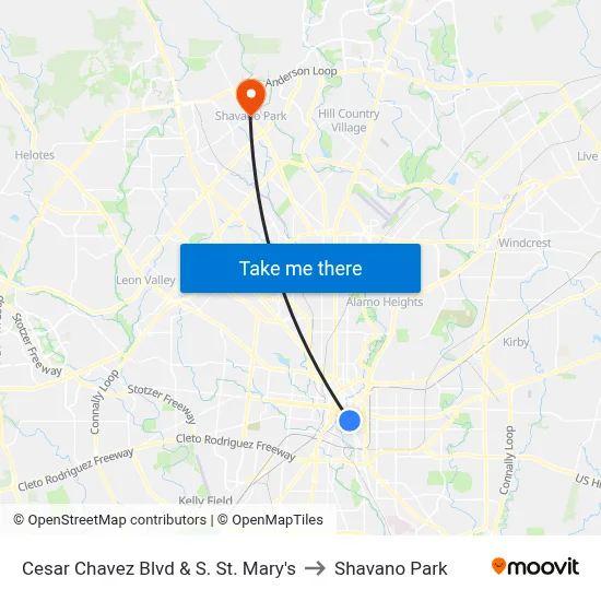 Cesar Chavez Blvd & S. St. Mary's to Shavano Park map