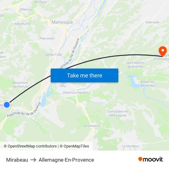 Mirabeau to Allemagne-En-Provence map