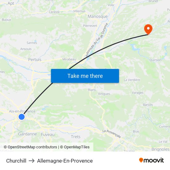 Churchill to Allemagne-En-Provence map