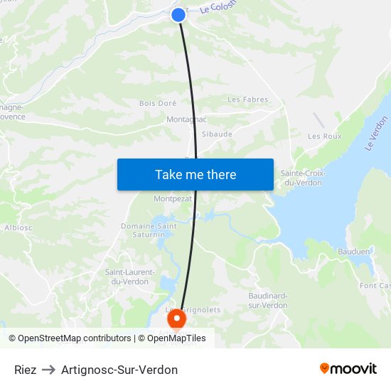 Riez to Artignosc-Sur-Verdon map