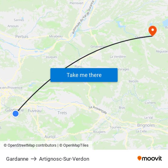 Gardanne to Artignosc-Sur-Verdon map