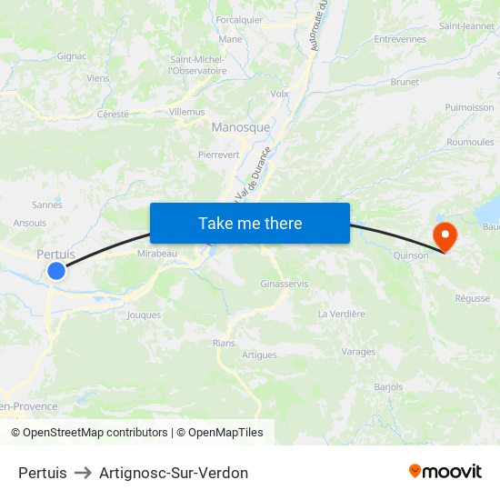 Pertuis to Artignosc-Sur-Verdon map