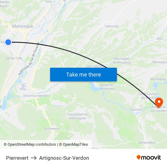 Pierrevert to Artignosc-Sur-Verdon map