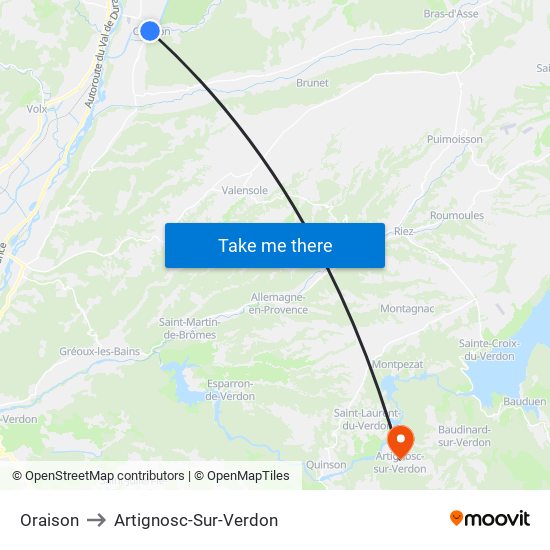 Oraison to Artignosc-Sur-Verdon map
