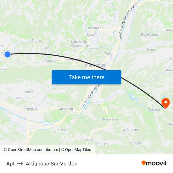 Apt to Artignosc-Sur-Verdon map