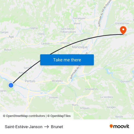 Saint-Estève-Janson to Brunet map