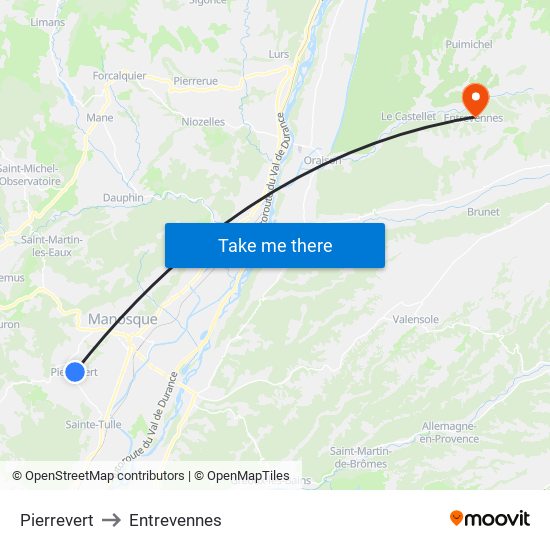 Pierrevert to Entrevennes map