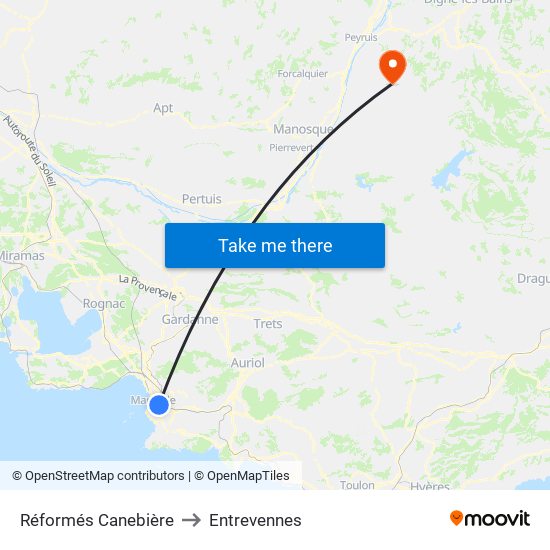 Réformés Canebière to Entrevennes map