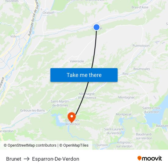 Brunet to Esparron-De-Verdon map