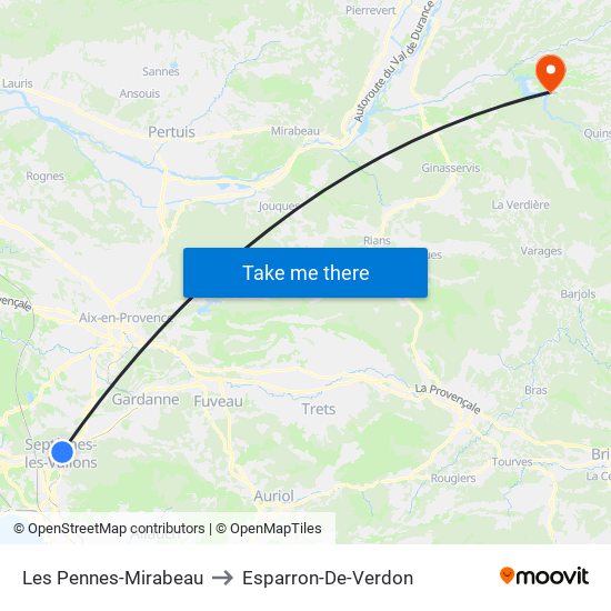 Les Pennes-Mirabeau to Esparron-De-Verdon map