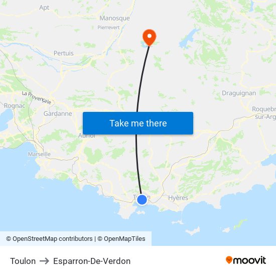 Toulon to Esparron-De-Verdon map