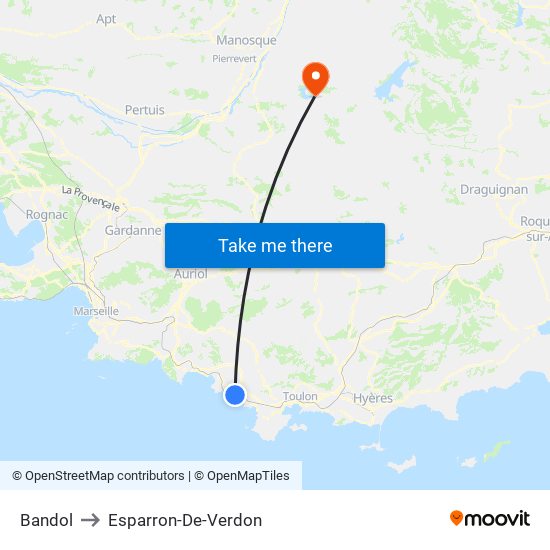 Bandol to Esparron-De-Verdon map