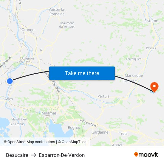 Beaucaire to Esparron-De-Verdon map
