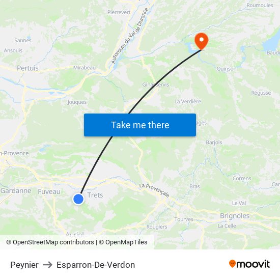 Peynier to Esparron-De-Verdon map