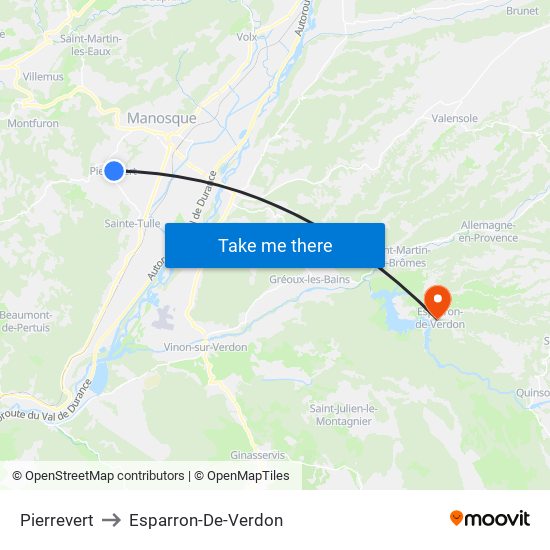 Pierrevert to Esparron-De-Verdon map
