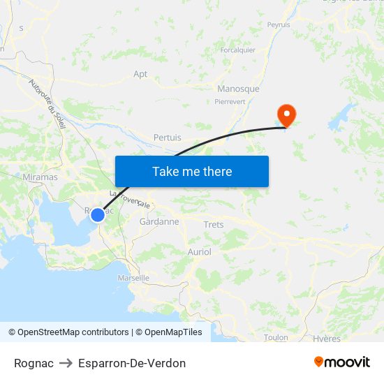 Rognac to Esparron-De-Verdon map