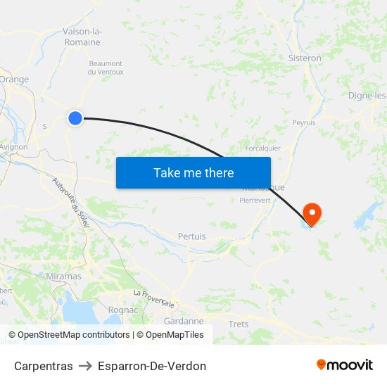 Carpentras to Esparron-De-Verdon map