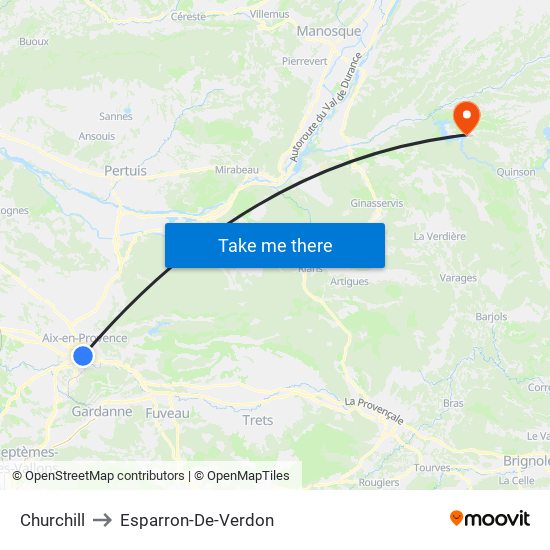 Churchill to Esparron-De-Verdon map