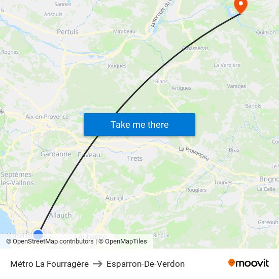 Métro La Fourragère to Esparron-De-Verdon map