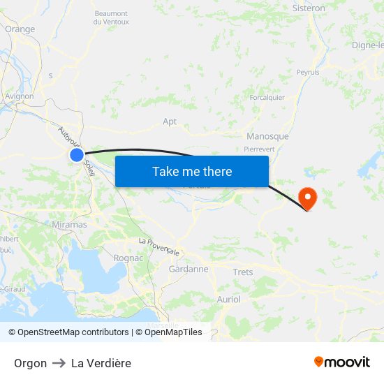 Orgon to La Verdière map