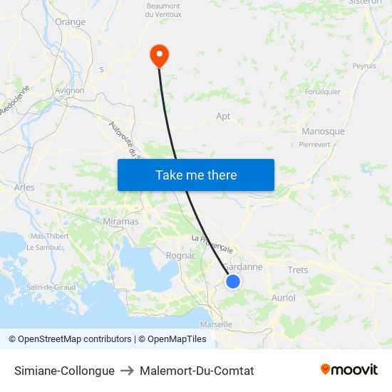 Simiane-Collongue to Malemort-Du-Comtat map