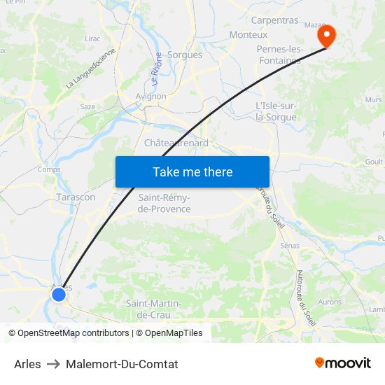 Arles to Malemort-Du-Comtat map