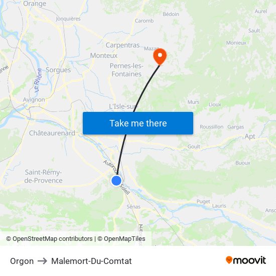 Orgon to Malemort-Du-Comtat map