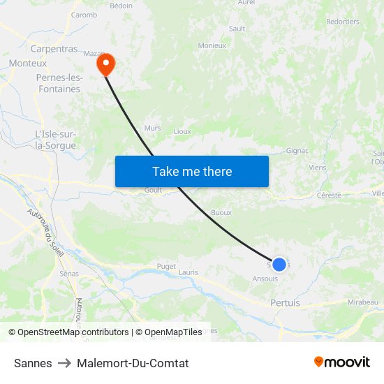 Sannes to Malemort-Du-Comtat map