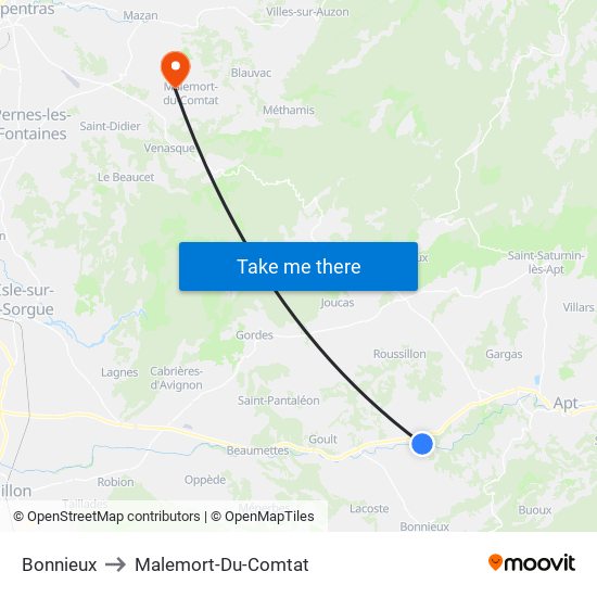 Bonnieux to Malemort-Du-Comtat map