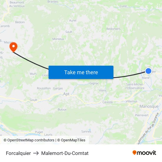 Forcalquier to Malemort-Du-Comtat map