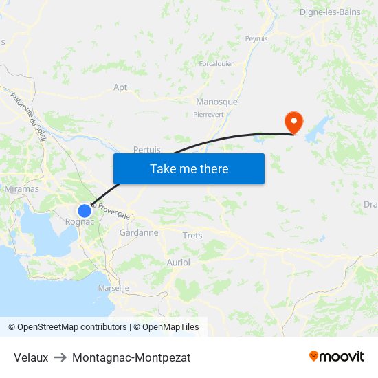 Velaux to Montagnac-Montpezat map