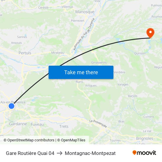 Gare Routière Quai 04 to Montagnac-Montpezat map