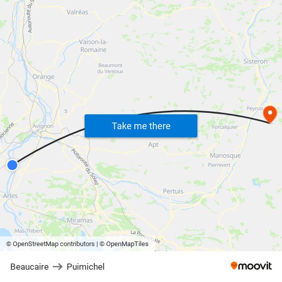 Beaucaire to Puimichel map