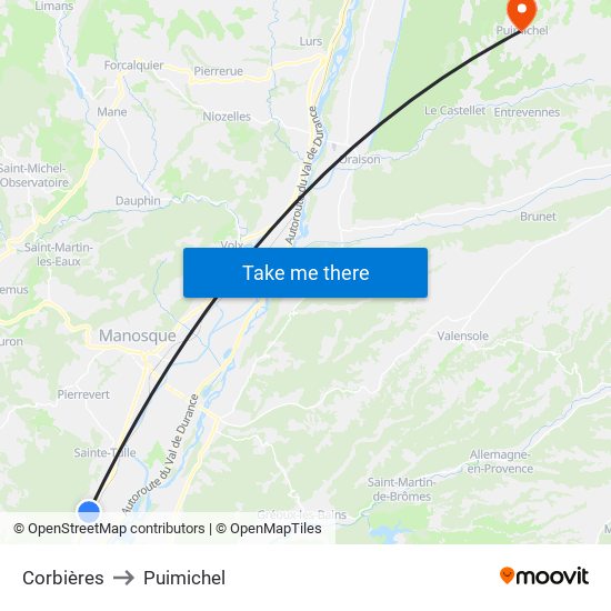 Corbières to Puimichel map